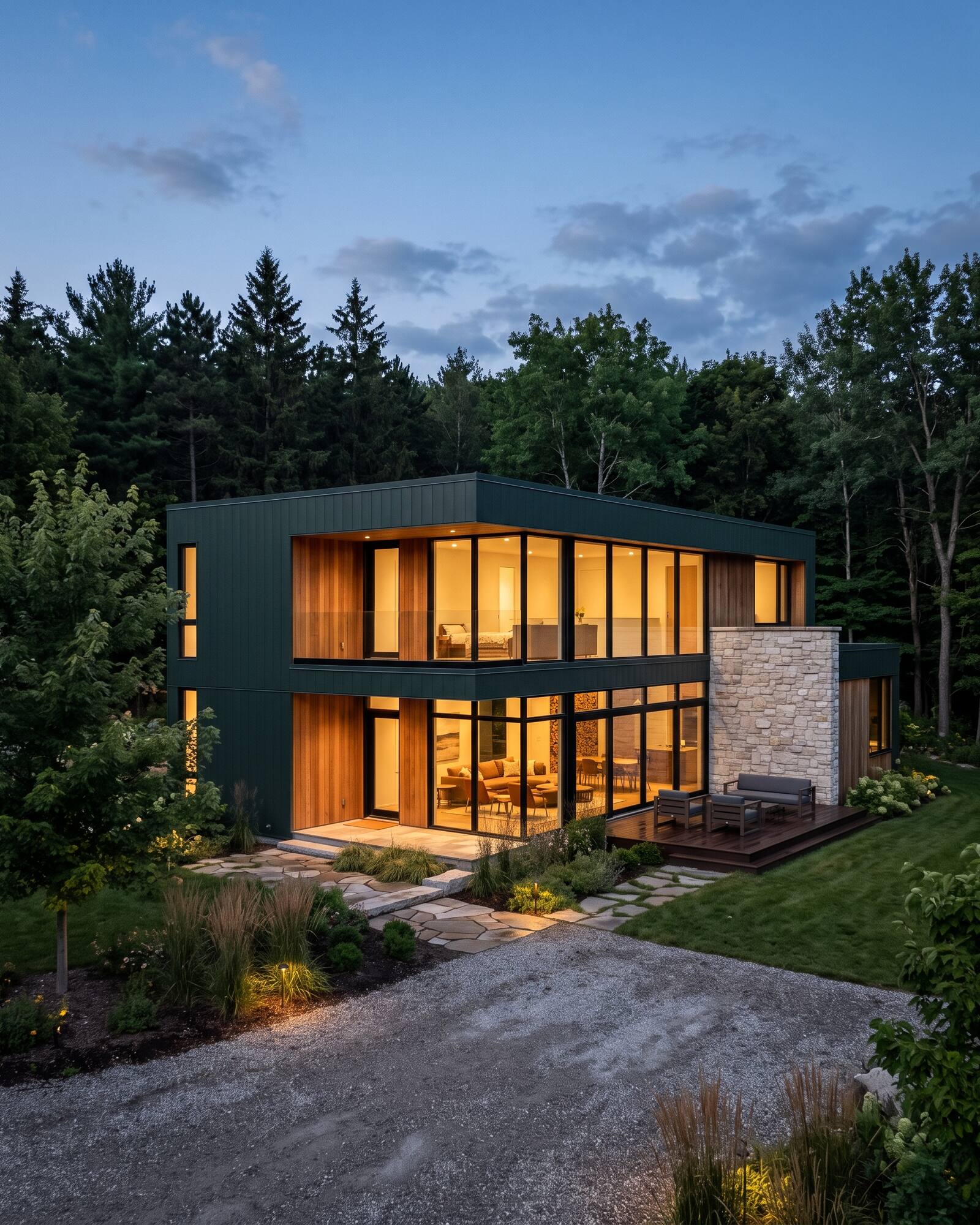 Ground-up custom architectural home exterior at dusk, Guelph countryside